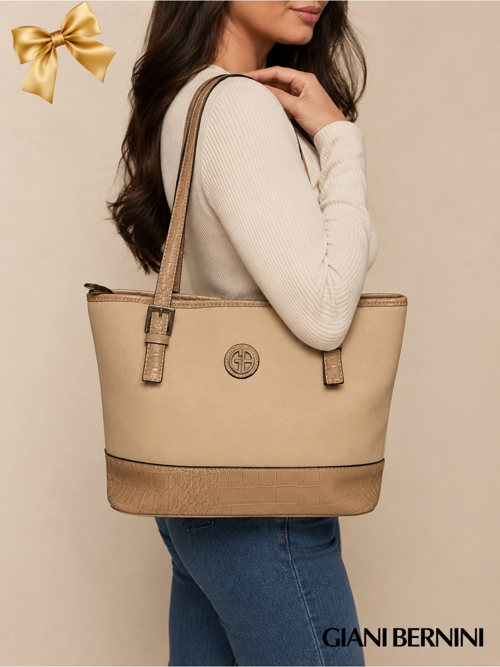 Giani Bernini Beige Croc-Embossed Tote Bag l